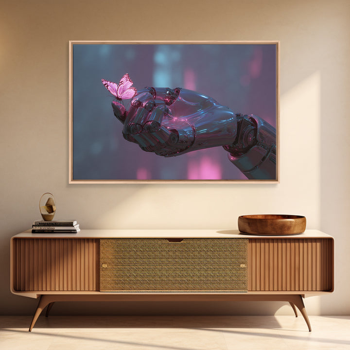 Robotic Hand Holding a Delicate Butterfly Canvas Print, Futuristic Art, Digital Poster, Living Room Decor, Fine Art, Future, FUT-3x2-84
