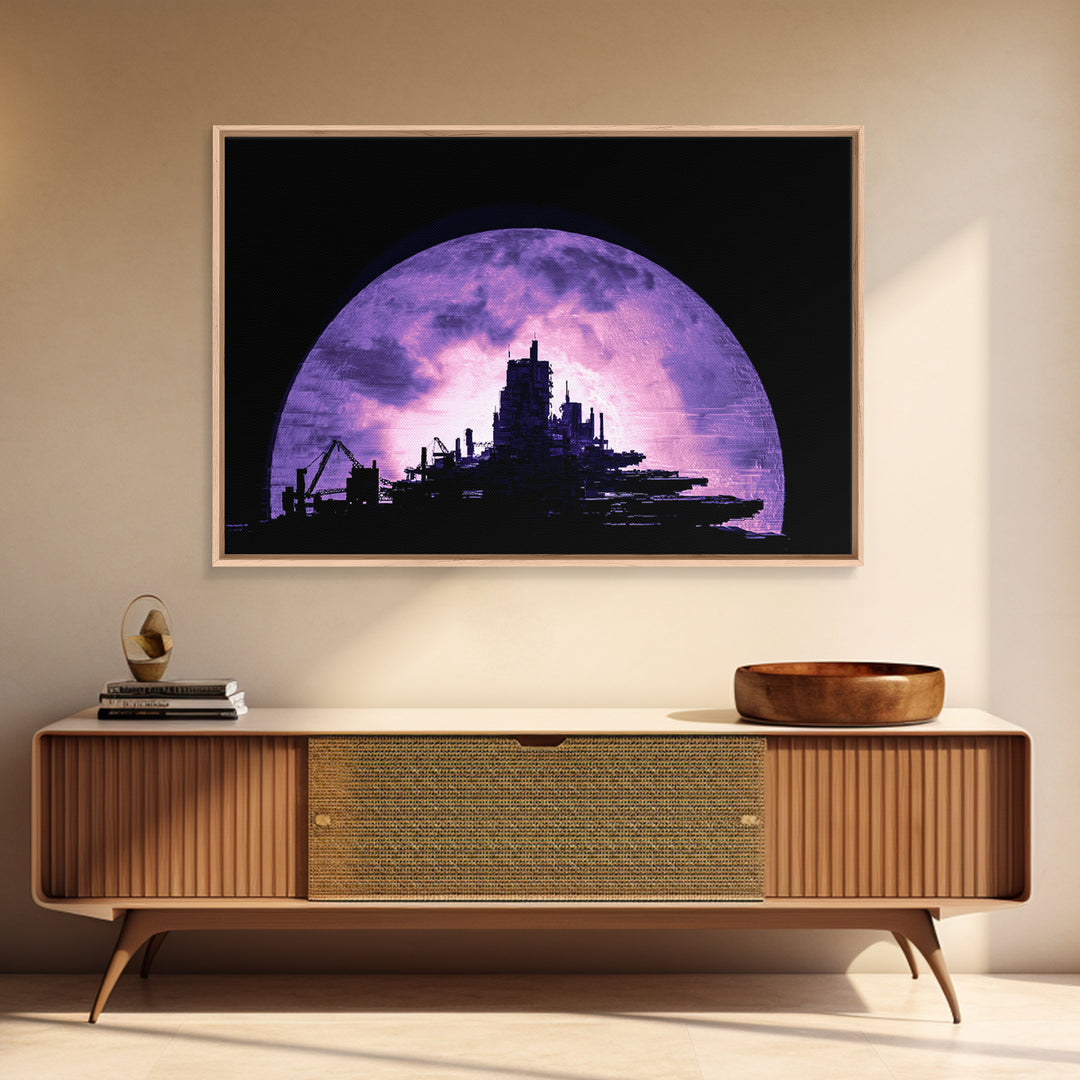 Moon Colony Silhouette Framed Canvas Print, Futuristic Art, Digital Print, Living Room Decor, Watercolor Art, Future, FUT-3x2-97