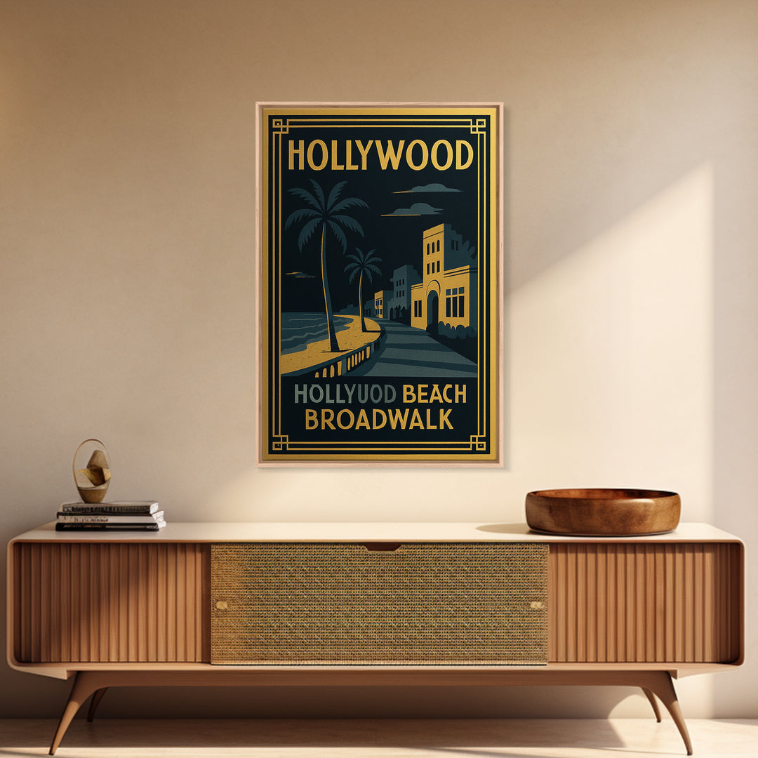 Hollywood Florida Travel Poster, Canvas Print, Gold Art Deco Wall Art, Hollywood City Art, Retro Travel Print, Travel Print, Wall Art