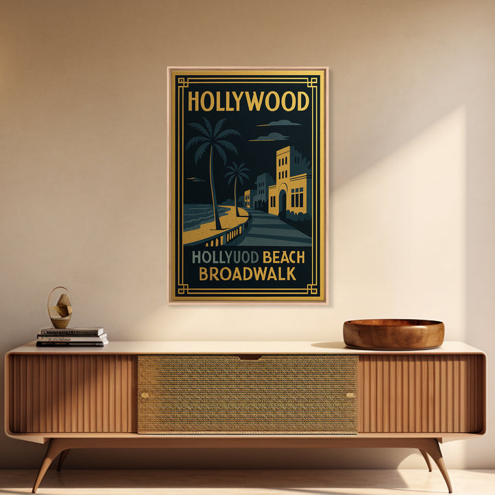 Hollywood Florida Travel Poster, Canvas Print, Gold Art Deco Wall Art, Hollywood City Art, Retro Travel Print, Travel Print, Wall Art