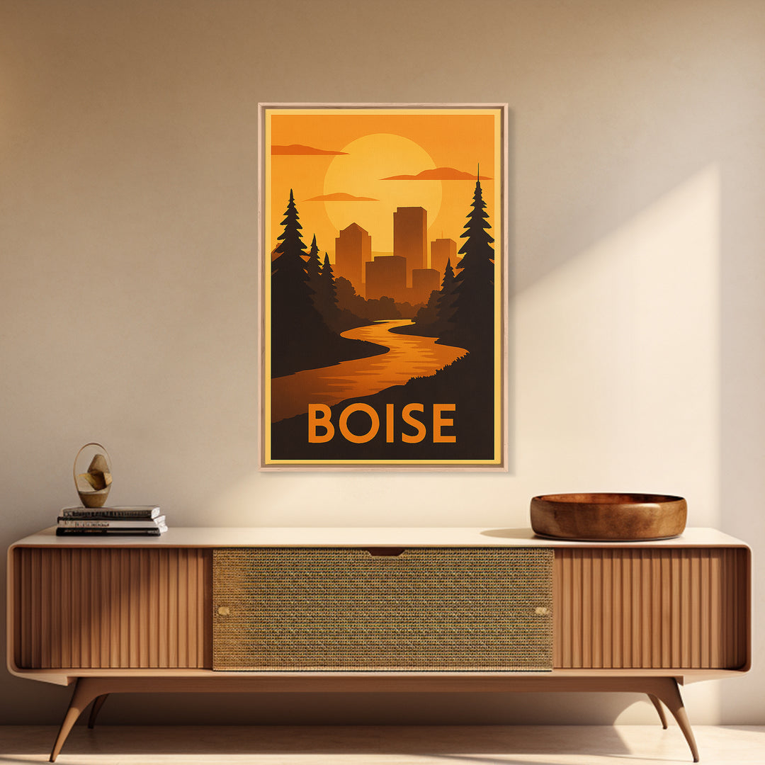 Boise Travel Poster, Canvas Print, Gold Art Deco Poster Art, Boise Wall Art, City Illustration, City Art Print, Gift For Travelers
