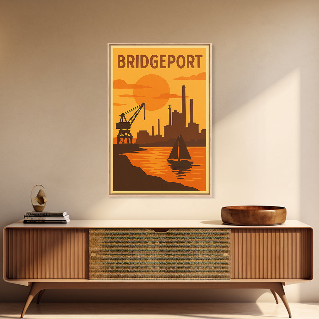 Bridgeport Connecticut Travel Poster, Canvas Print, Warm Sunset Silhouette Art, Bridgeport City Art, Travel Print, Watercolor Skyline Art