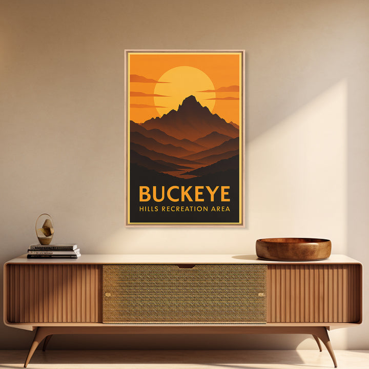 Buckeye Travel Poster, Canvas Print, Warm Sunset Silhouette Art, Buckeye Travel Art, Travel Wall Art, Eclectic Wall Decor, City Art Print