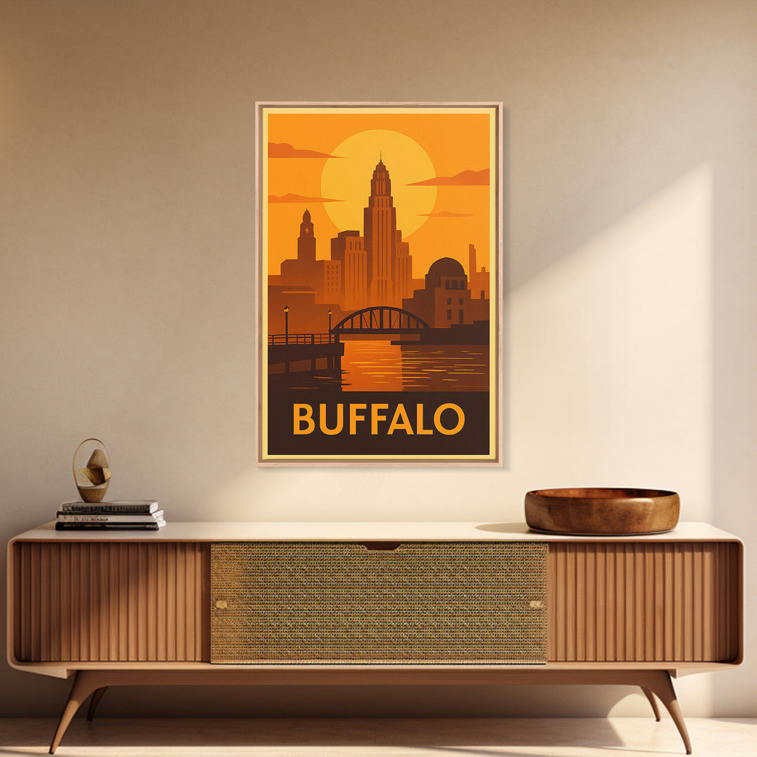 Buffalo Travel Poster, Framed Canvas Print, Golden Travel Poster Art, Buffalo Travel Art, Home Office Decor, Watercolor Skyline