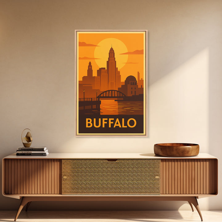 Buffalo Travel Poster, Framed Canvas Print, Golden Travel Poster Art, Buffalo Travel Art, Home Office Decor, Watercolor Skyline