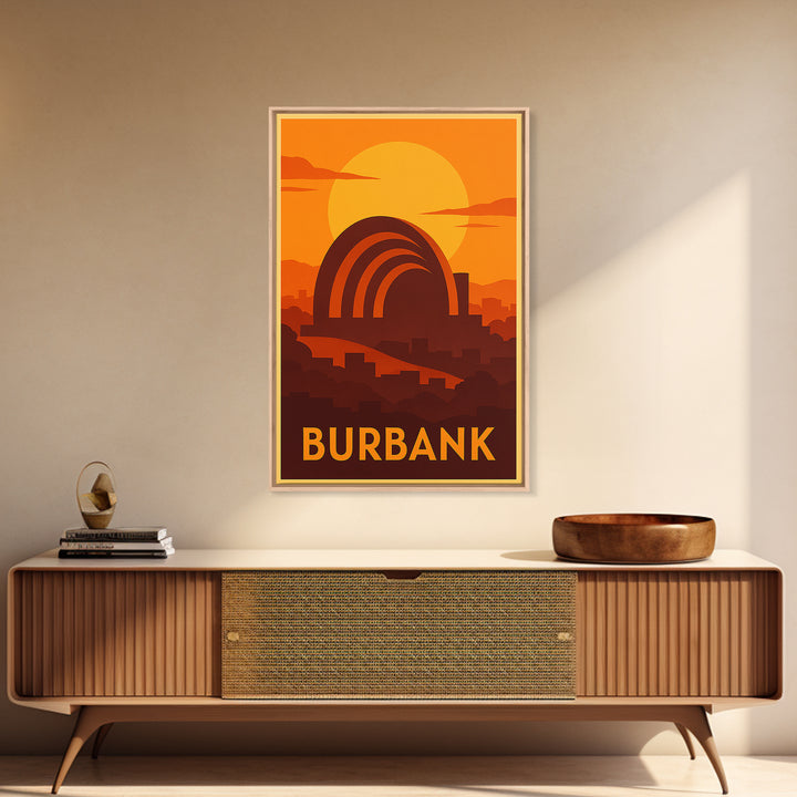 Burbank Travel Poster, Canvas Print, Warm Sunset Silhouette Art, Burbank Wall Art, Mid Century Wall Art, Vintage Travel Print, Design 2
