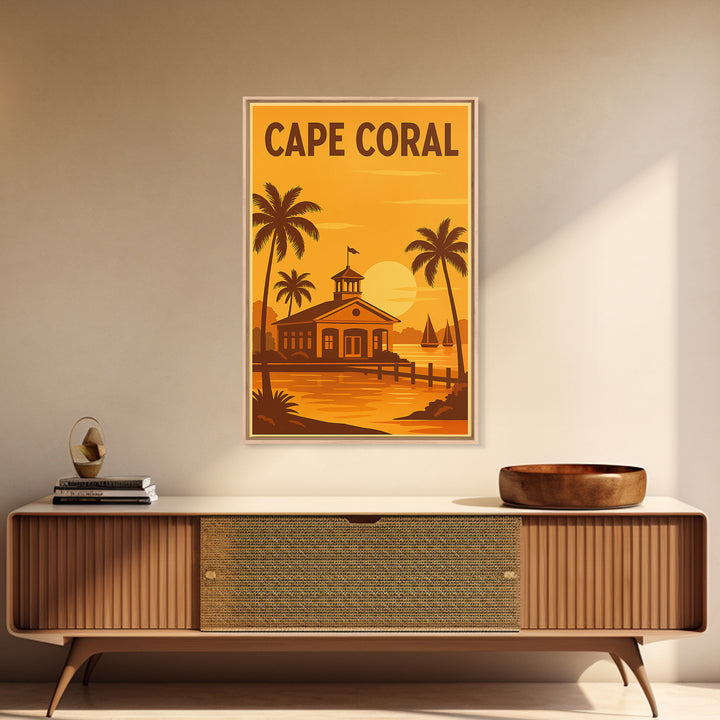Cape Coral Florida Travel Poster, Framed Canvas Print, Golden Travel Poster Art, Cape Coral City Art, Wanderlust Decor, Eclectic Wall Decor
