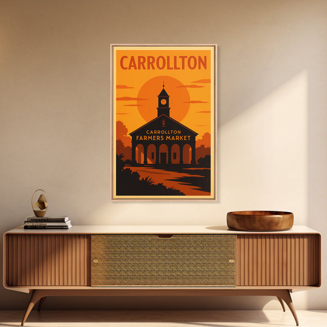 Carrollton Texas Travel Poster, Framed Canvas Print, Golden Travel Poster Art, Carrollton City Art, Home Office Decor, Retro Travel Print