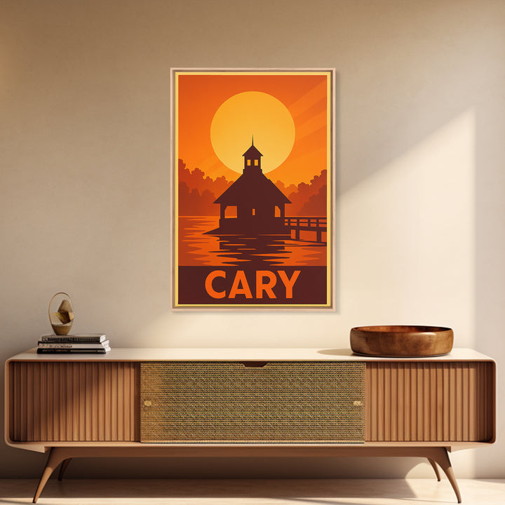 Cary Travel Poster, Framed Canvas Print, Golden Travel Poster Art, Cary City Art, City Travel Prints, Retro Travel Print, City Art Print