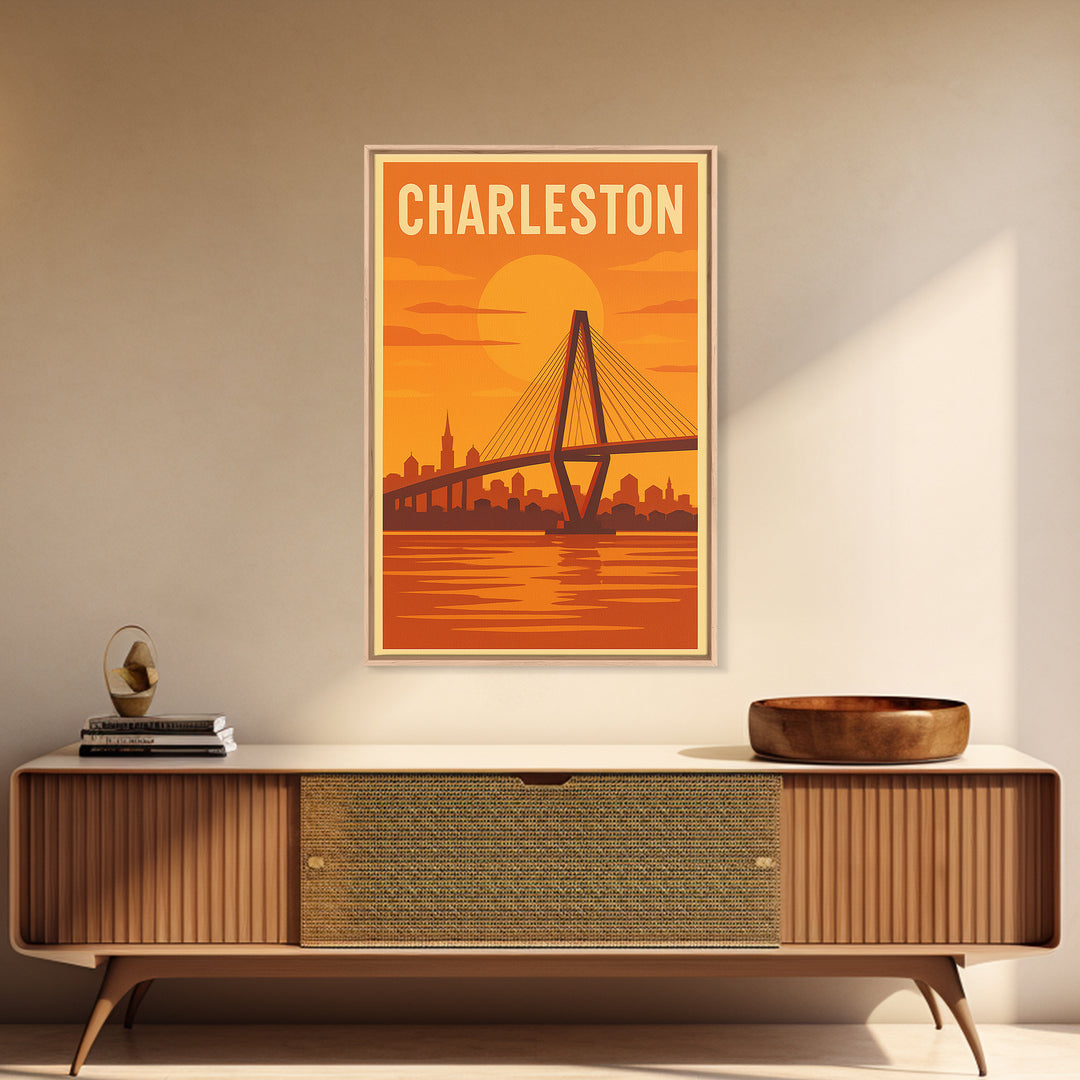 Charleston South Carolina Travel Poster, Canvas Print, Warm Sunset Silhouette Art, Charleston City Art, Fine Art Print, Travel Poster Art