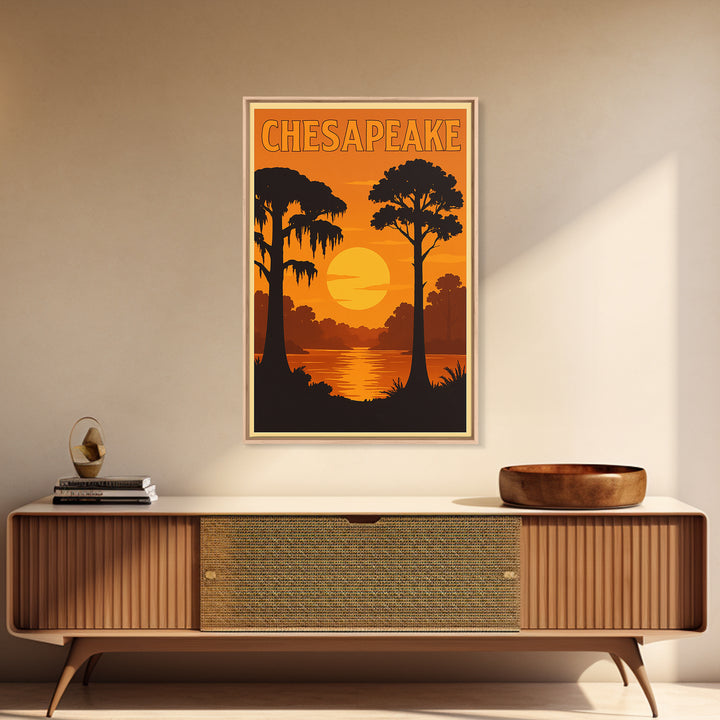 Chesapeake Virginia Travel Poster, Canvas Print, Warm Sunset Silhouette Art, Chesapeake Wall Art, City Travel Prints, Vintage City Poster