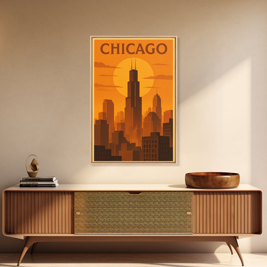 Chicago Illinois Travel Poster, Canvas Print, Warm Sunset Silhouette Art, Chicago Poster Print, Travel Print, Travel Wall Art, Home Decor
