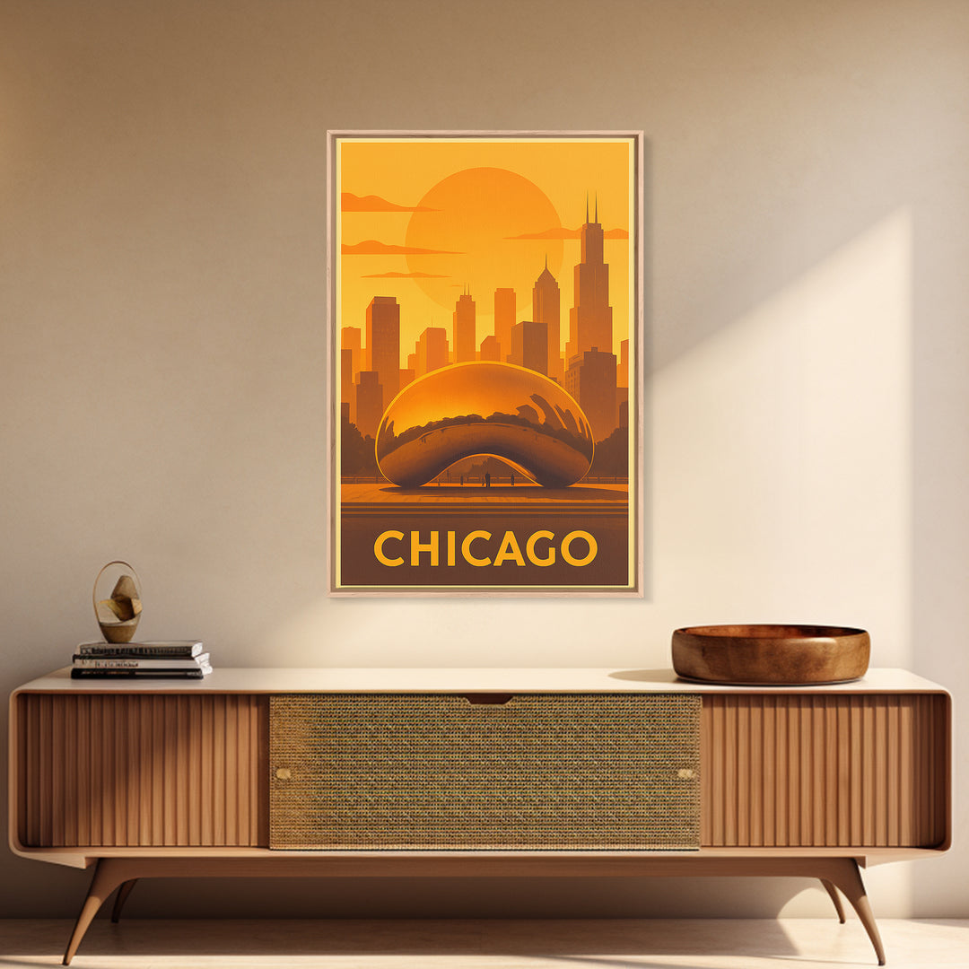 Chicago Travel Poster, Framed Canvas Print, Warm Sunset Silhouette Art, Chicago Poster Print, Modern Wall Decor, Travel Wall Decor