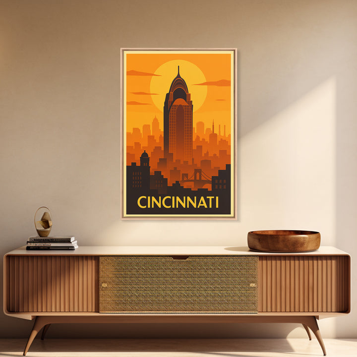 Cincinnati Travel Poster, Framed Canvas Print, Warm Sunset Silhouette Art, Cincinnati Art Print, Retro Travel Print, Gift For Travelers