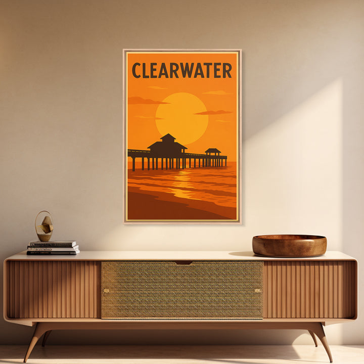 Clearwater Florida Travel Poster, Canvas Print, Warm Sunset Silhouette Art, Clearwater Poster Print, Wall Art, Gift For Travelers