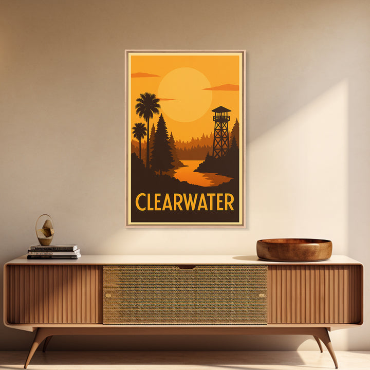 Clearwater Travel Poster, Framed Canvas Print, Golden Travel Poster Art, Clearwater City Art, City Travel Prints, Travel Poster Art