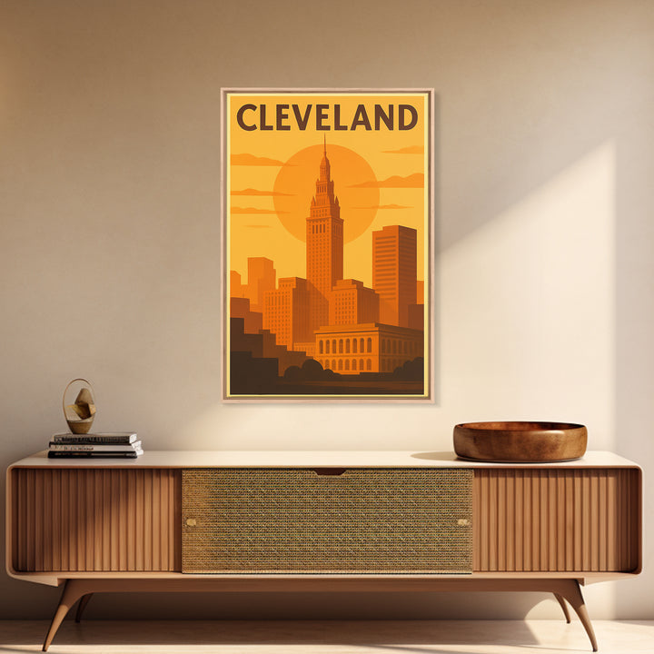 Cleveland Ohio Travel Poster, Framed Canvas Print, Golden Travel Poster Art, Cleveland Travel Art, Modern Wall Decor, Travel Poster Art