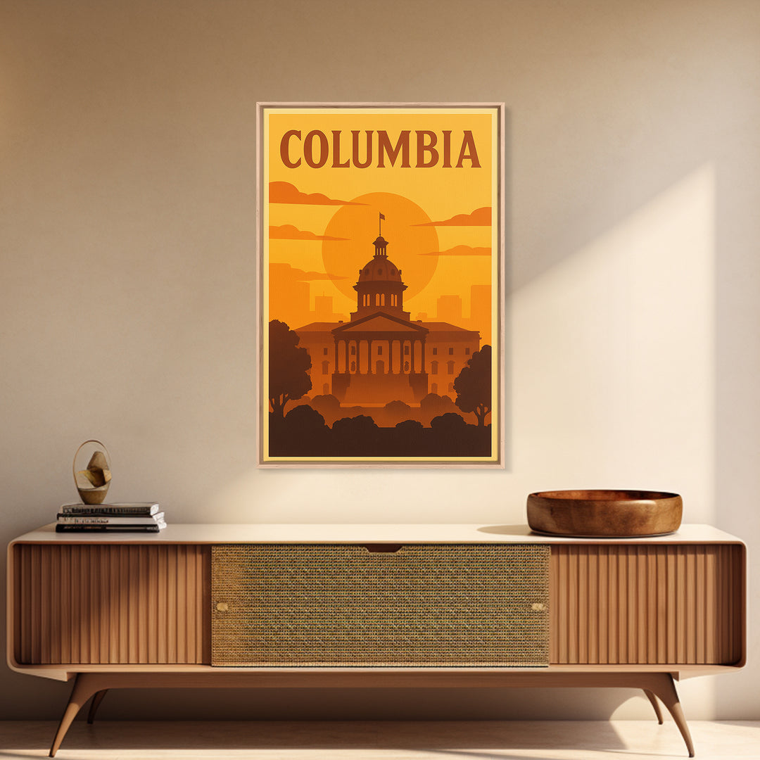 Columbia South Carolina Travel Poster, Canvas Print, Warm Sunset Silhouette Art, Columbia Poster Print, Wall Decor, Watercolor Cityscape