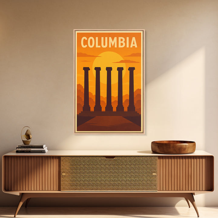 Columbia Travel Poster, Framed Canvas Print, Gold Art Deco Poster Art, Columbia Travel Art, Vintage Travel Art, Travel Art Print
