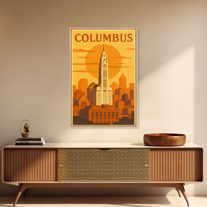 Columbus Travel Poster, Framed Canvas Print, Golden Travel Poster Art, Columbus Travel Art, Wanderlust Decor, City Illustration
