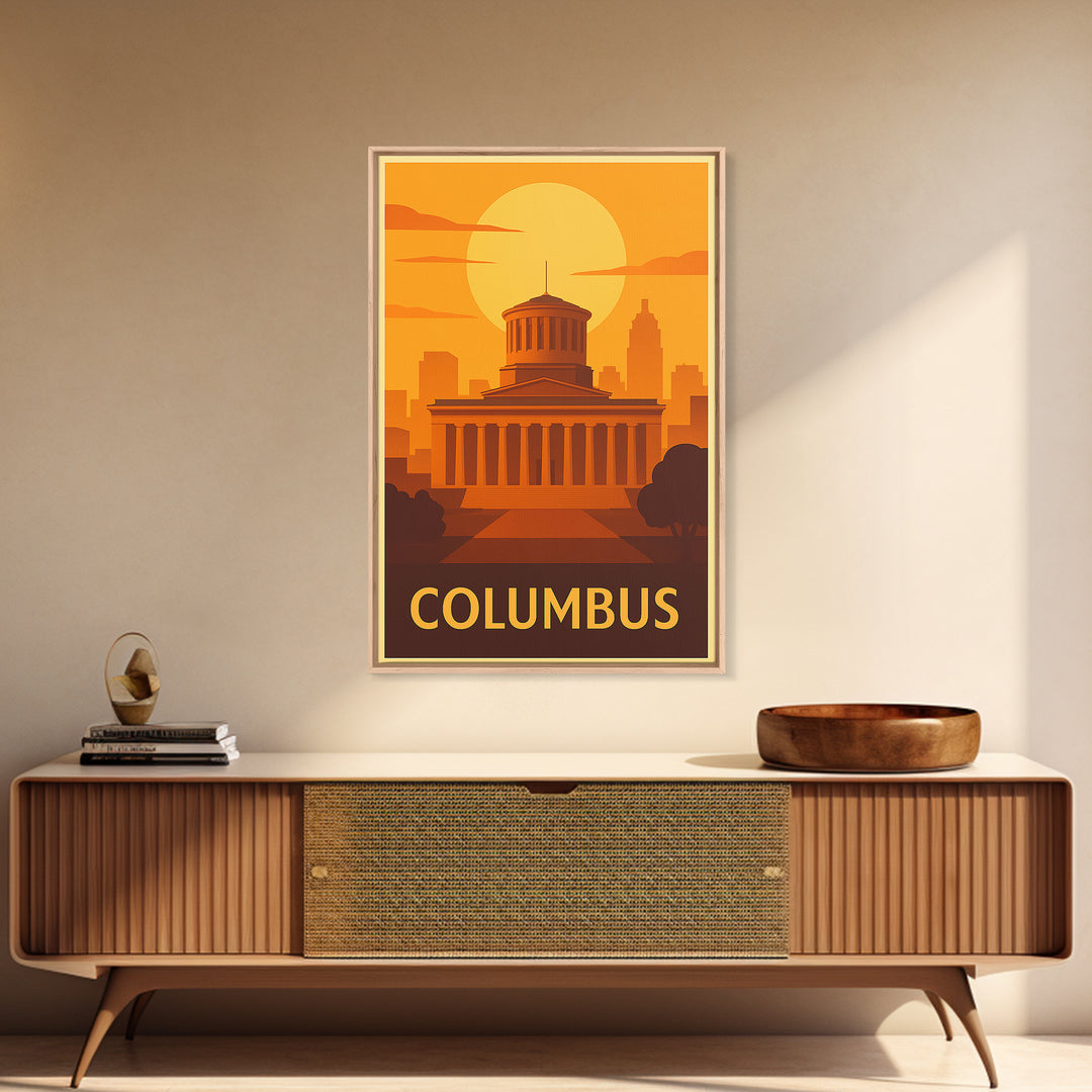 Columbus Travel Poster, Framed Canvas Print, Warm Sunset Silhouette Art, Columbus City Art, Living Room Wall Art, Travel Poster Set