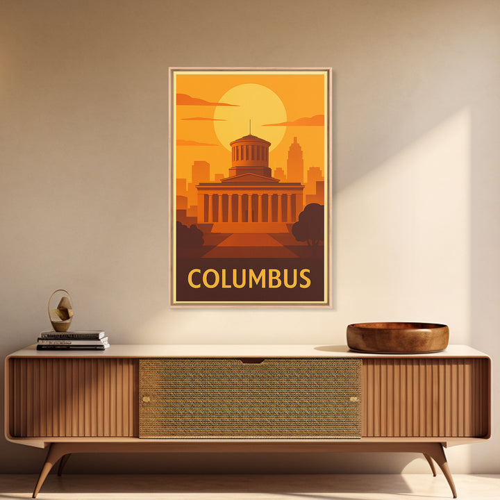 Columbus Travel Poster, Framed Canvas Print, Warm Sunset Silhouette Art, Columbus City Art, Living Room Wall Art, Travel Poster Set