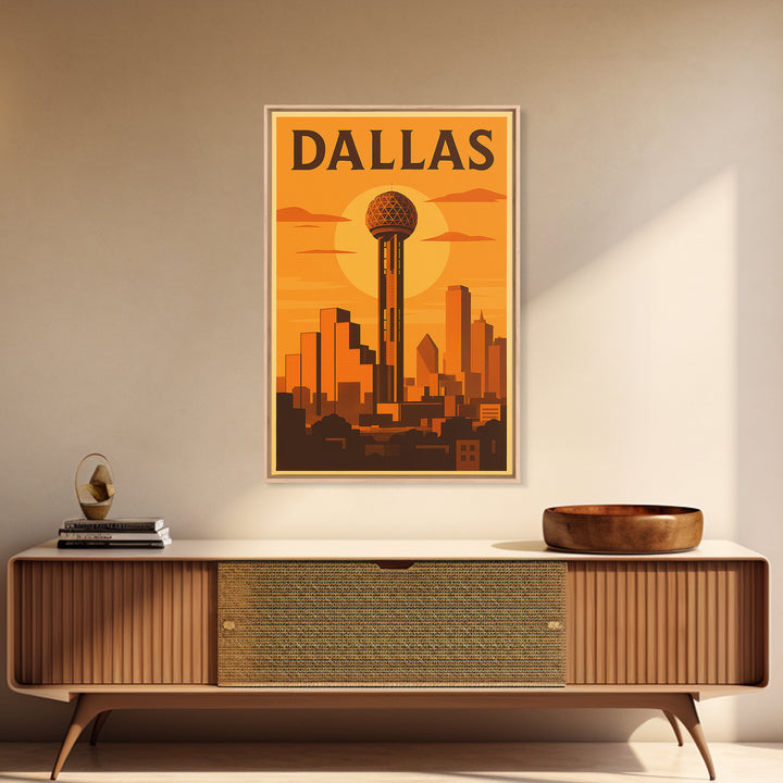 Dallas Texas Travel Poster, Canvas Print, Golden Poster Art, Dallas Wall Art, City Illustration, Mid Century Wall Art, Vintage Travel Art