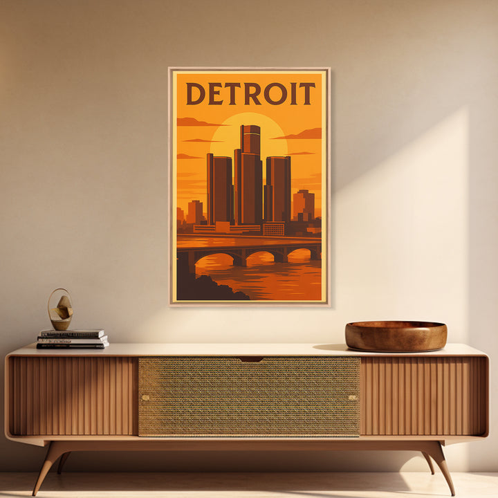 Detroit Michigan Travel Poster, Canvas Print, Warm Sunset Silhouette Art, Detroit Wall Art, City Illustration, Wanderlust Decor, Wall Art