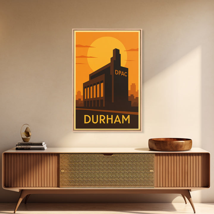 Durham Travel Poster, Framed Canvas Print, Warm Sunset Silhouette Art, Durham Art Print, Retro Travel Print, Vintage Travel Print