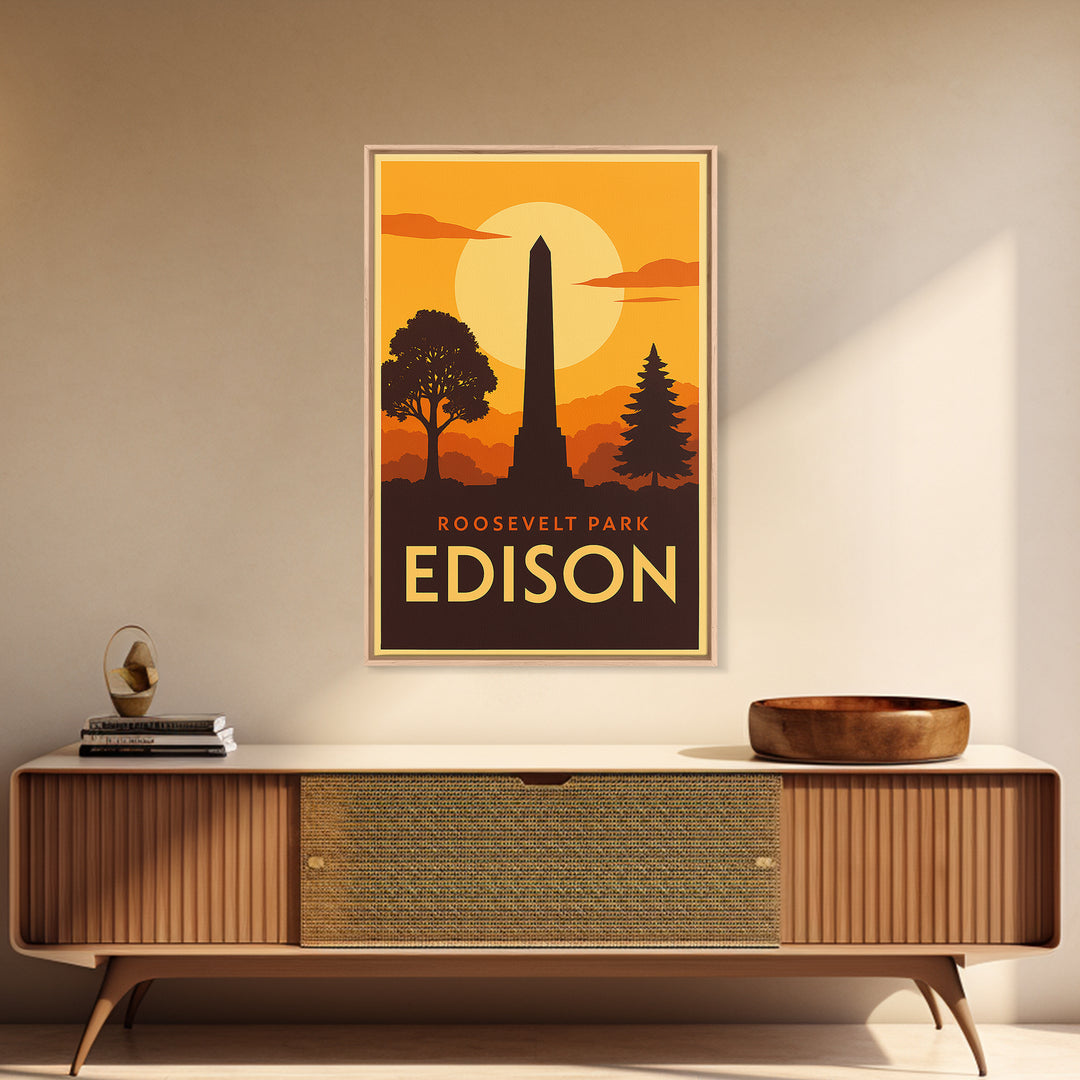 Edison Travel Poster, Canvas Print, Warm Sunset Silhouette Art, Edison Travel Art, Vintage City Poster, Mid Century Wall Art, Art Print