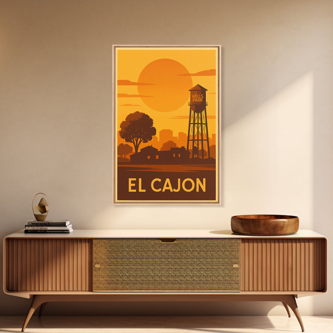 El Cajon Travel Poster, Framed Canvas Print, Golden Travel Poster Art, El Cajon Art Print, Travel Wall Art, City Illustration, Wall Art