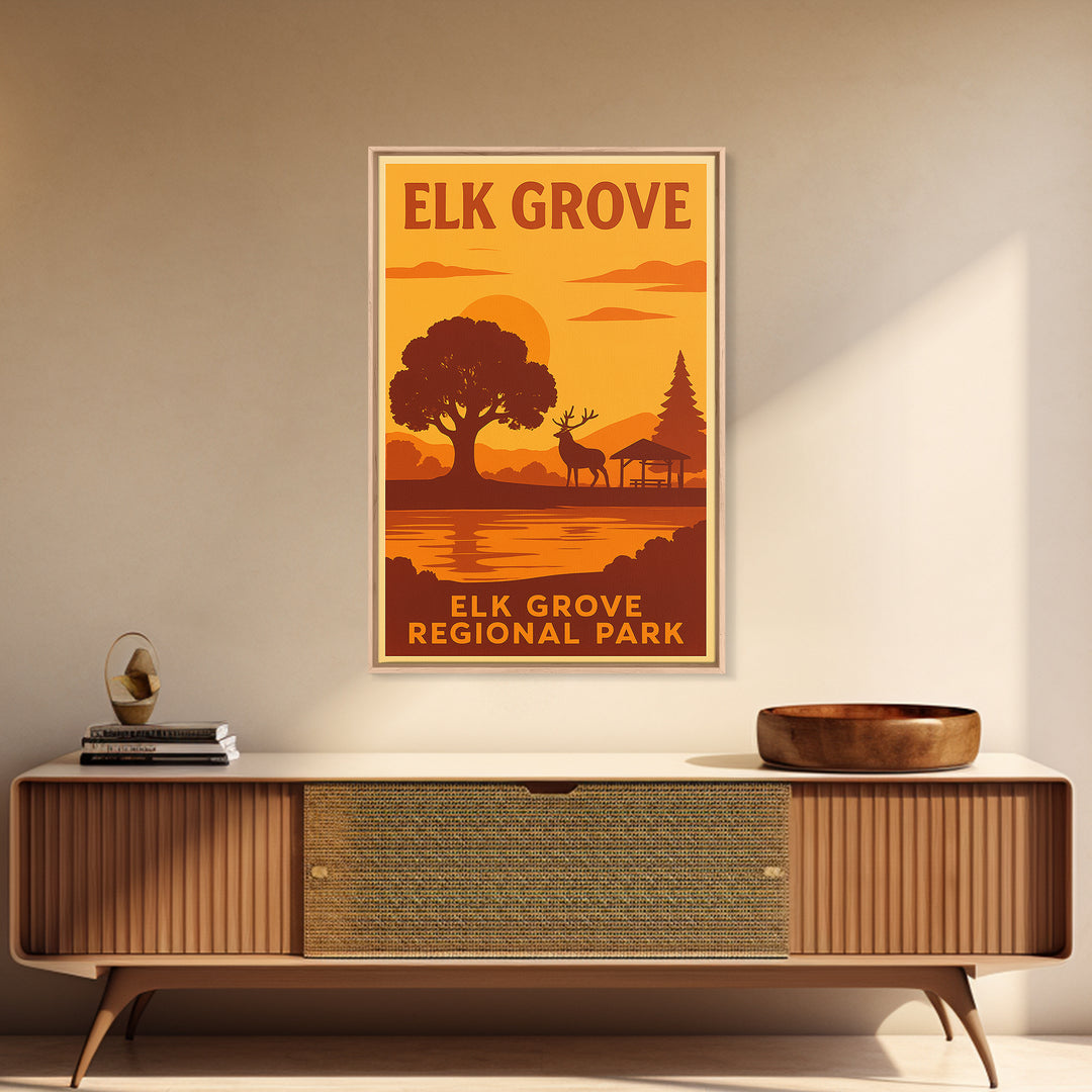 Elk Grove California Travel Poster, Framed Canvas Print, Warm Sunset Silhouette Art, Elk Grove Art Print, City Art Print, City Illustration
