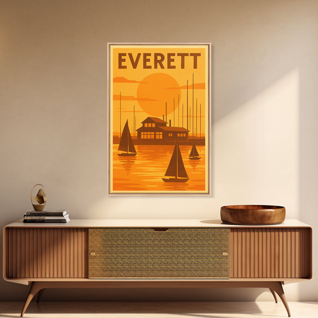 Everett Washington Travel Poster, Canvas Print, Warm Sunset Silhouette Art, Everett Poster Print, Travel Art Print, Vintage City Poster