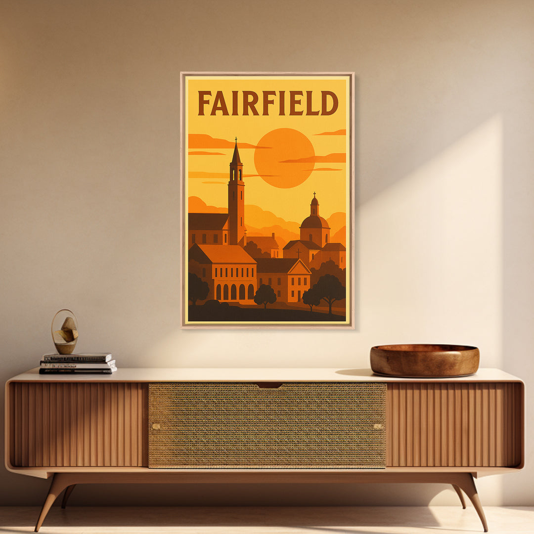 Fairfield California Travel Poster, Canvas Print, Warm Sunset Silhouette Art, Fairfield Wall Art, Vintage Travel Print, Retro Travel Print