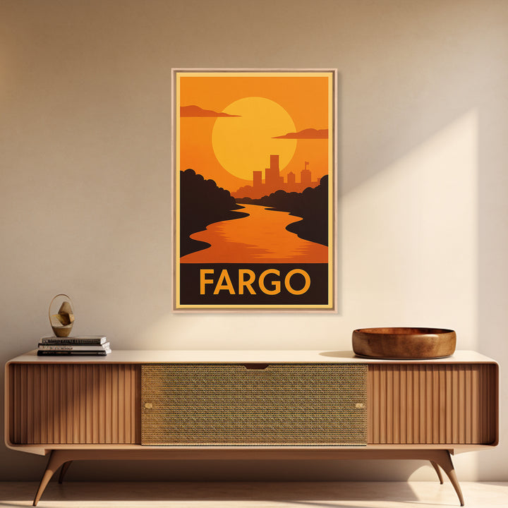 Fargo Travel Poster, Framed Canvas Print, Golden Travel Poster Art, Fargo Travel Art, Mid Century Wall Art, Travel Poster Art, Design 2