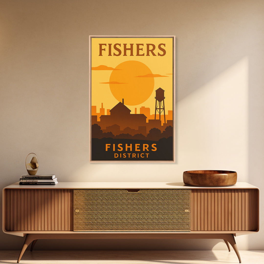 Fishers Indiana Travel Poster, Canvas Print, Gold Art Deco Poster Art, Fishers Wall Art, Travel Poster Set, Watercolor Downtown Skyline