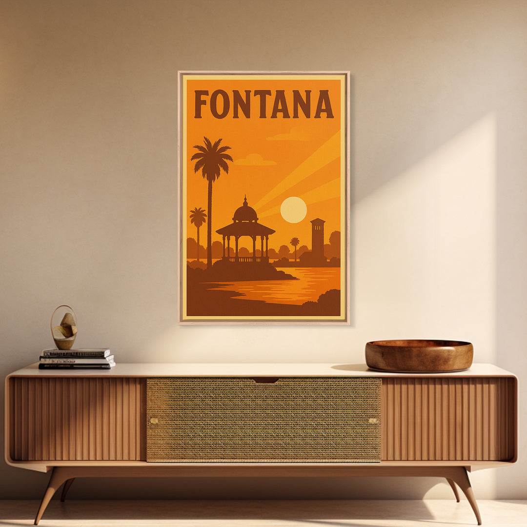 Fontana California Travel Poster, Canvas Print, Warm Sunset Silhouette Art, Fontana Travel Art, City Travel Prints, Travel Art, Home Decor