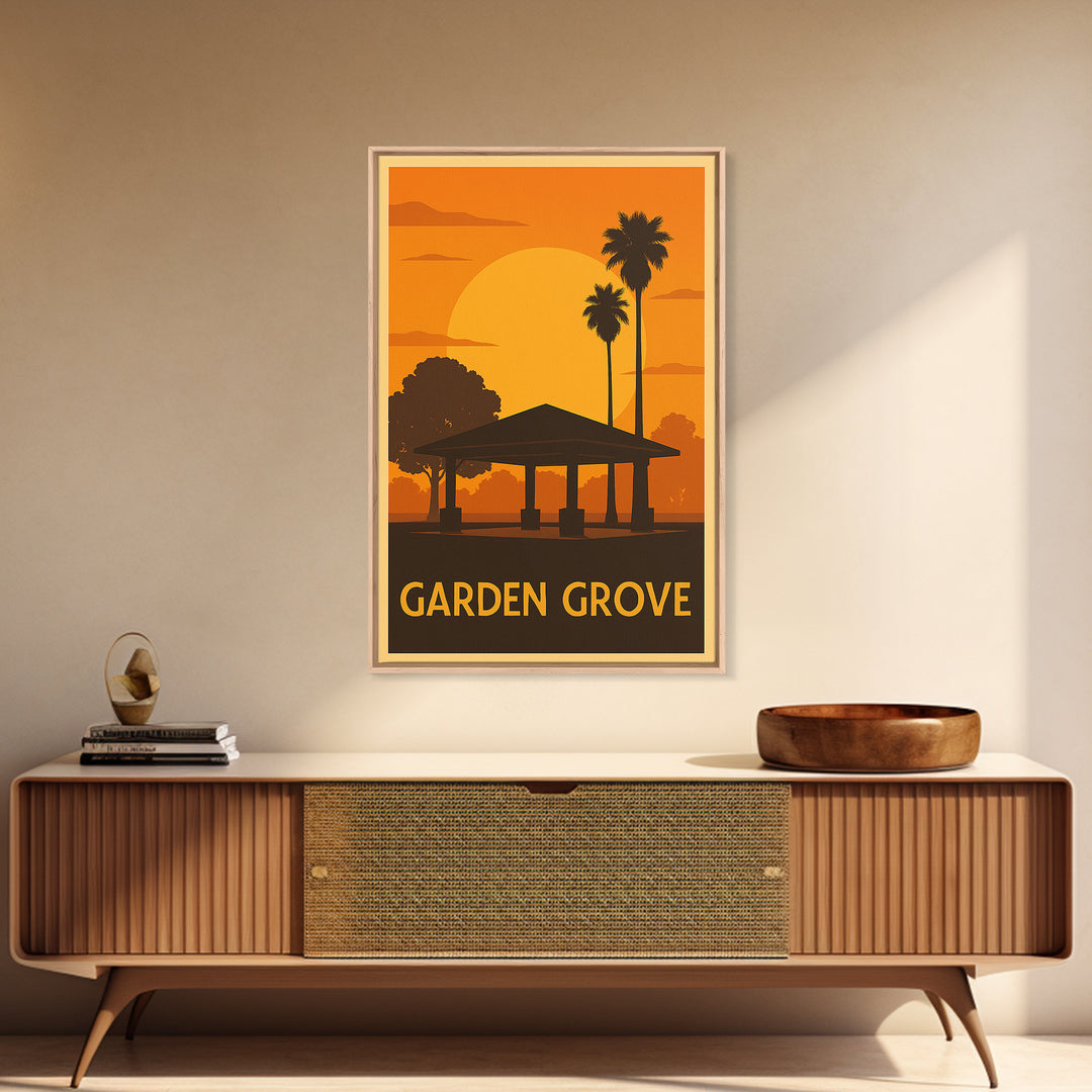 Garden Grove Travel Poster, Framed Canvas Print, Golden Travel Poster Art, Garden Grove Poster Print, Vintage Travel Art, Travel Wall Art