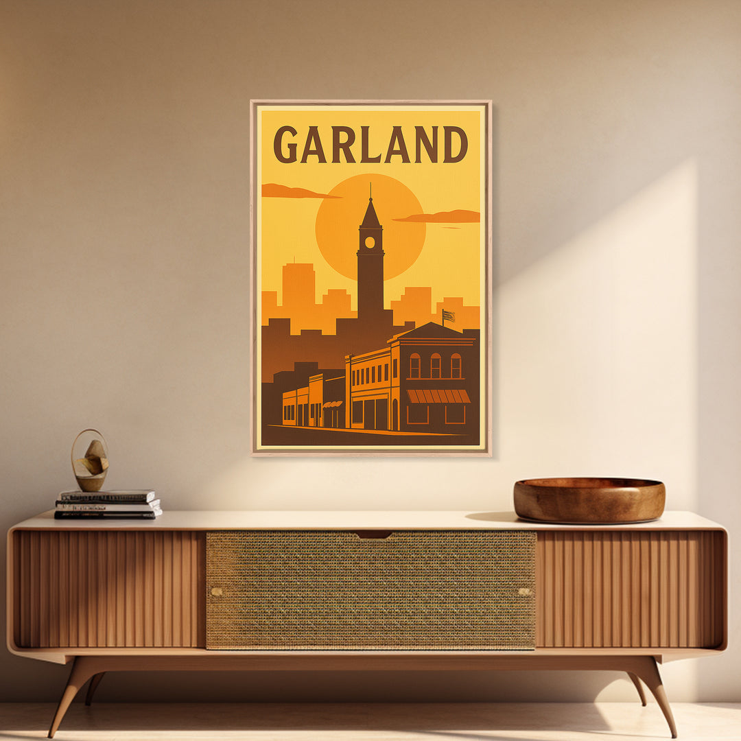 Garland Texas Travel Poster, Framed Canvas Print, Golden Travel Poster Art, Garland Art Print, Eclectic Wall Decor, Gift For Travelers