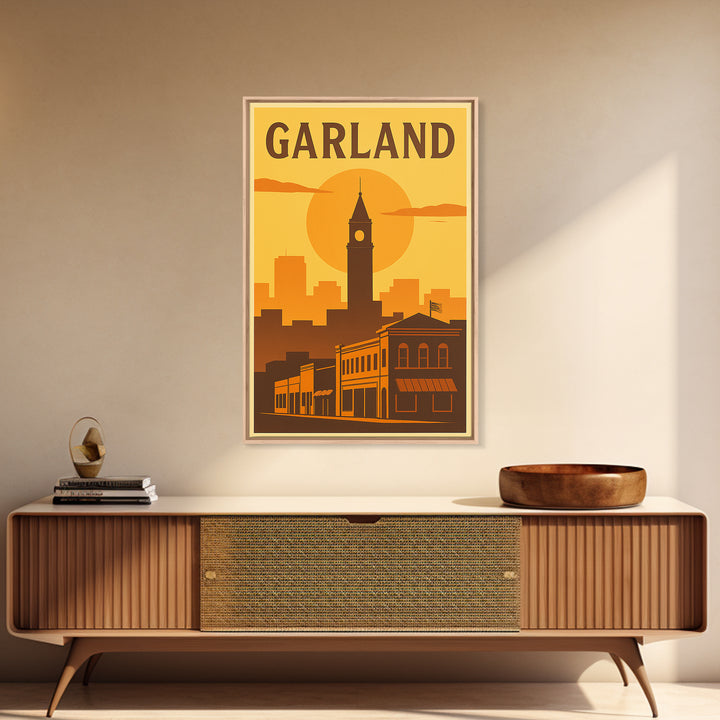Garland Texas Travel Poster, Framed Canvas Print, Golden Travel Poster Art, Garland Art Print, Eclectic Wall Decor, Gift For Travelers