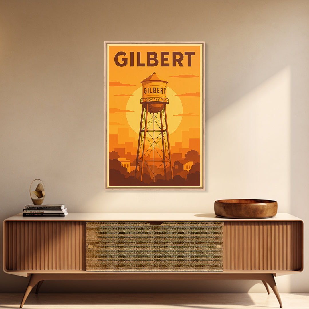 Gilbert Arizona Travel Poster, Canvas Print, Gold Art Deco Poster Art, Gilbert Art Print, Watercolor Skyline, Travel Wall Art, Art Print