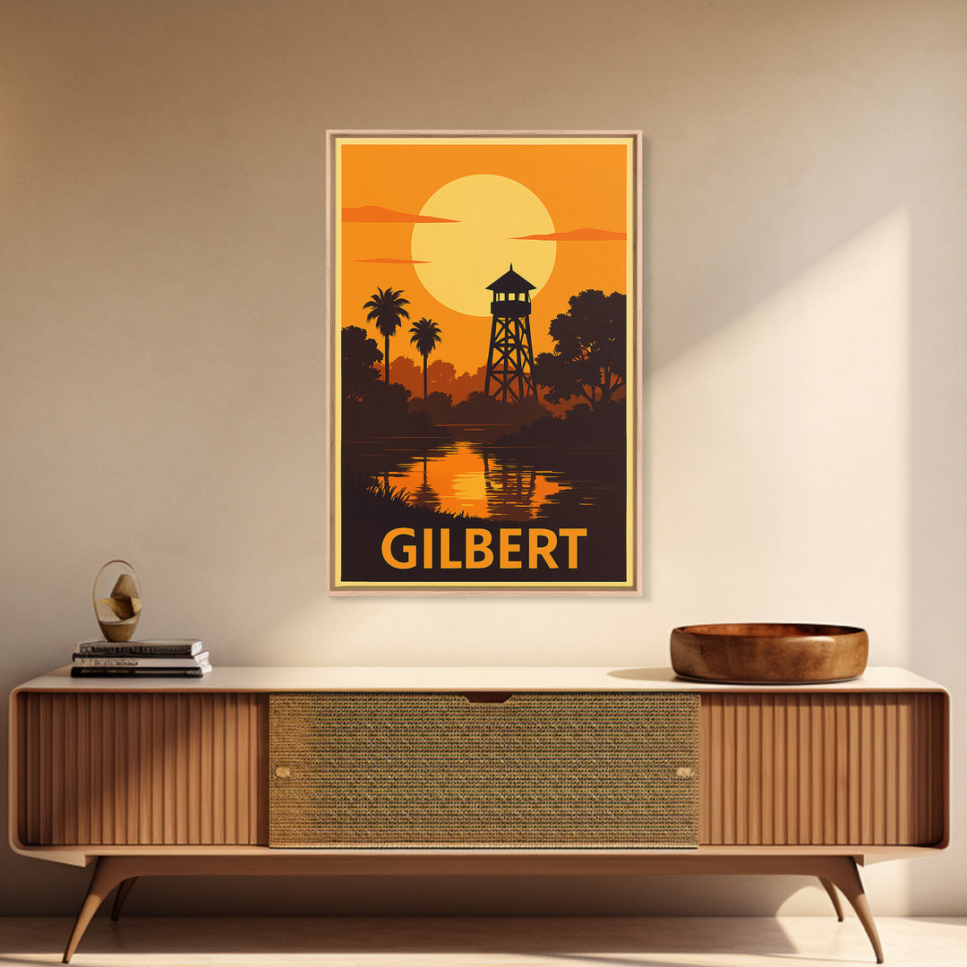 Gilbert Travel Poster, Framed Canvas Print, Golden Travel Poster Art, Gilbert Travel Art, Travel Wall Decor, Travel Wall Art, Design 2