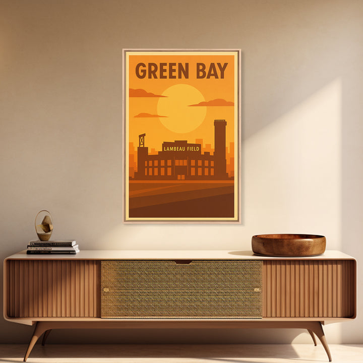 Green Bay Wisconsin Travel Poster, Framed Canvas Print, Vintage Deco Wall Art, Green Bay Wall Art, Gift For Travelers, City Illustration