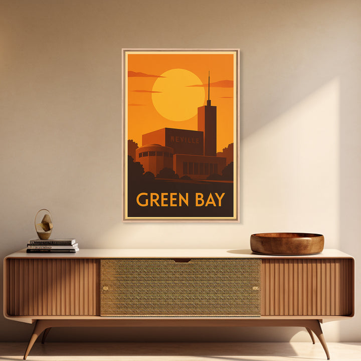 Green Bay Travel Poster, Canvas Print, Warm Sunset Silhouette Art, Green Bay Travel Art, Retro Travel Print, City Illustration