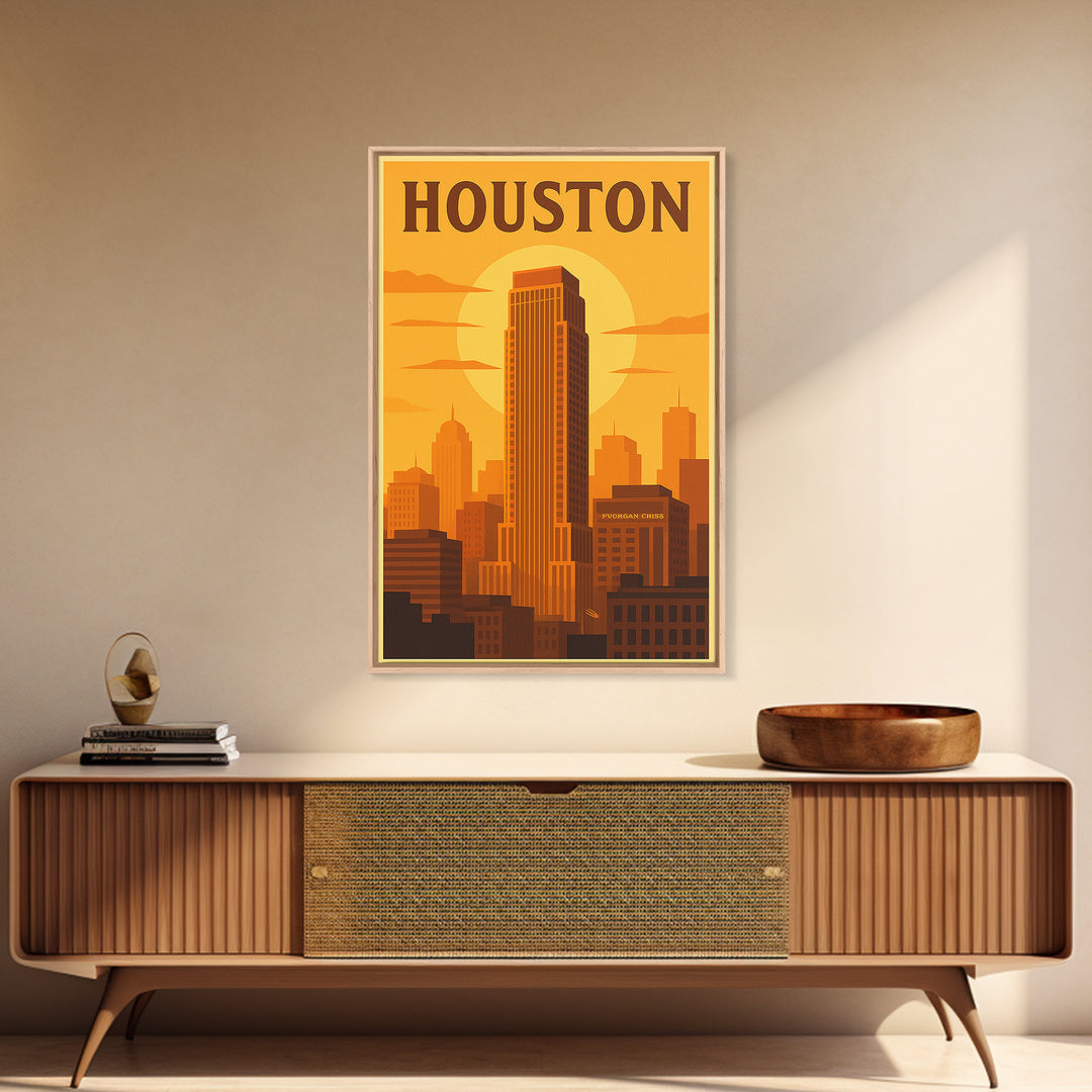Houston Texas Travel Poster, Canvas Print, Gold Art Deco Poster Art, Houston Travel Art, Wanderlust Decor, Travel Wall Decor, Wall Art