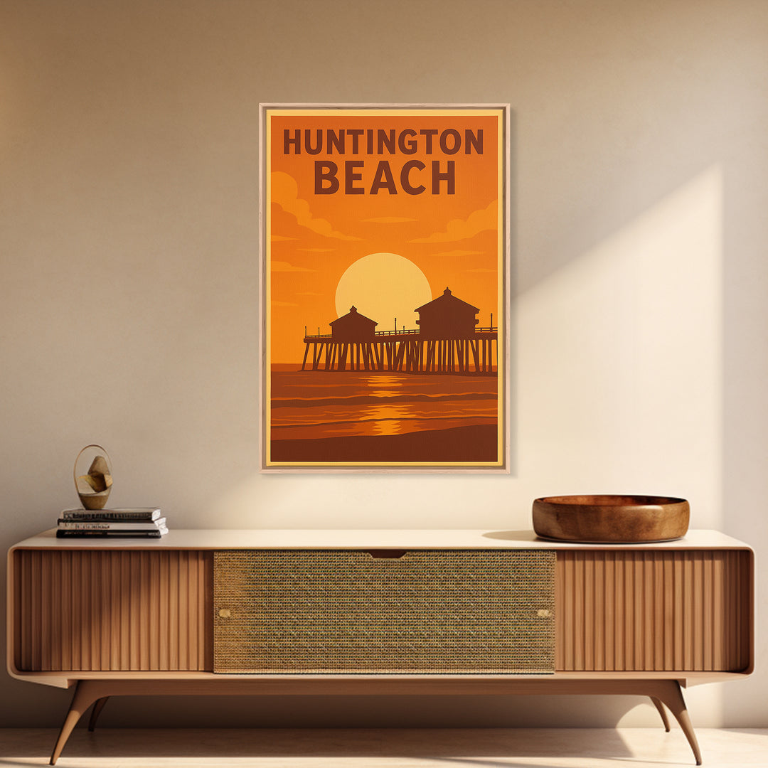 Huntington Beach California Travel Poster, Framed Canvas Print, Warm Sunset Silhouette Art, Huntington Beach Poster Print, City Illustration