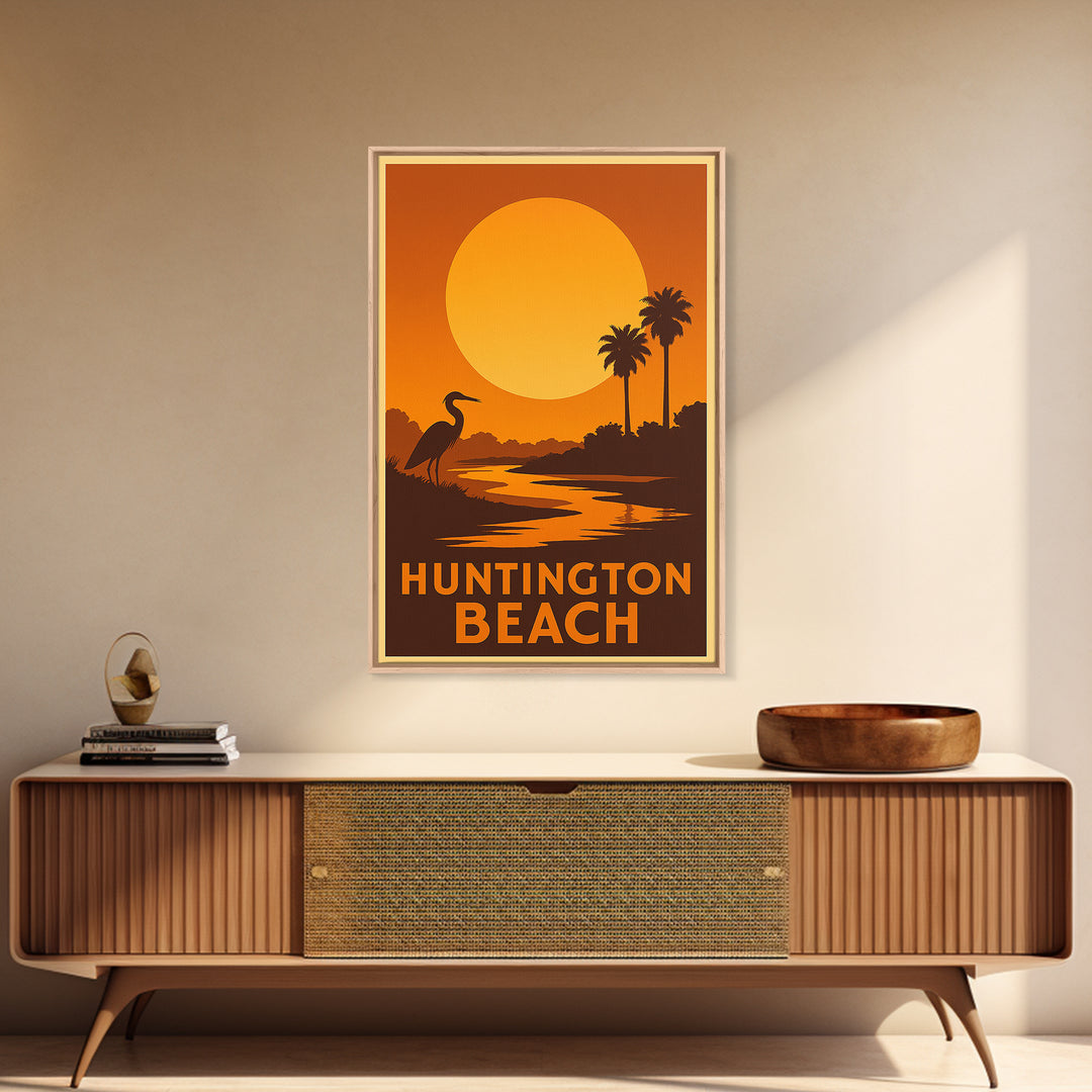 Huntington Beach Travel Poster, Framed Canvas Print, Golden Travel Poster Art, Huntington Beach Travel Art, Travel Poster Art, Design 2