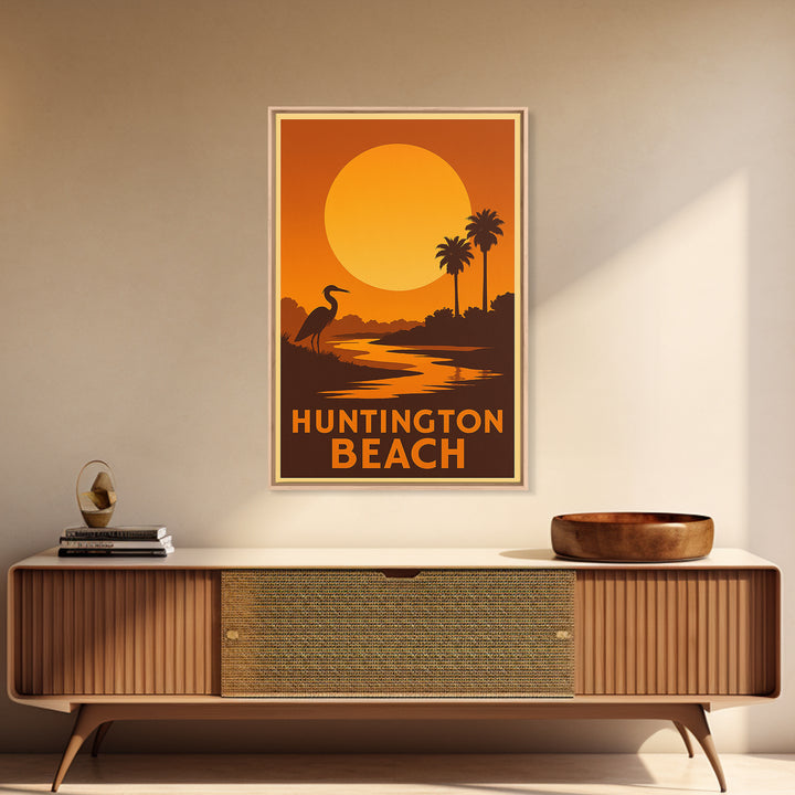 Huntington Beach Travel Poster, Framed Canvas Print, Golden Travel Poster Art, Huntington Beach Travel Art, Travel Poster Art, Design 2