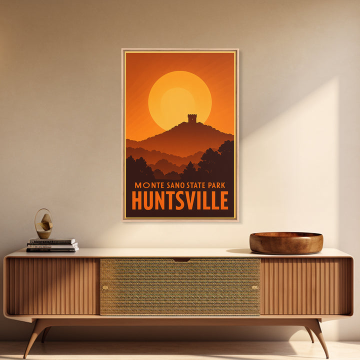 Huntsville Travel Poster, Framed Canvas Print, Warm Sunset Silhouette Art, Huntsville City Art, Vintage City Poster, Vintage City Art