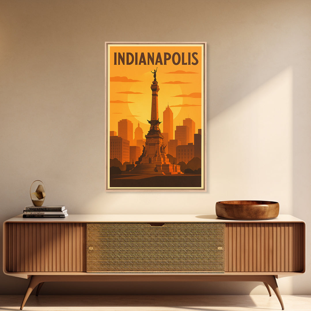 Indianapolis Indiana Travel Poster, Canvas Print, Warm Sunset Silhouette Art, Indianapolis Art Print, Retro Travel Print, Home Office Decor